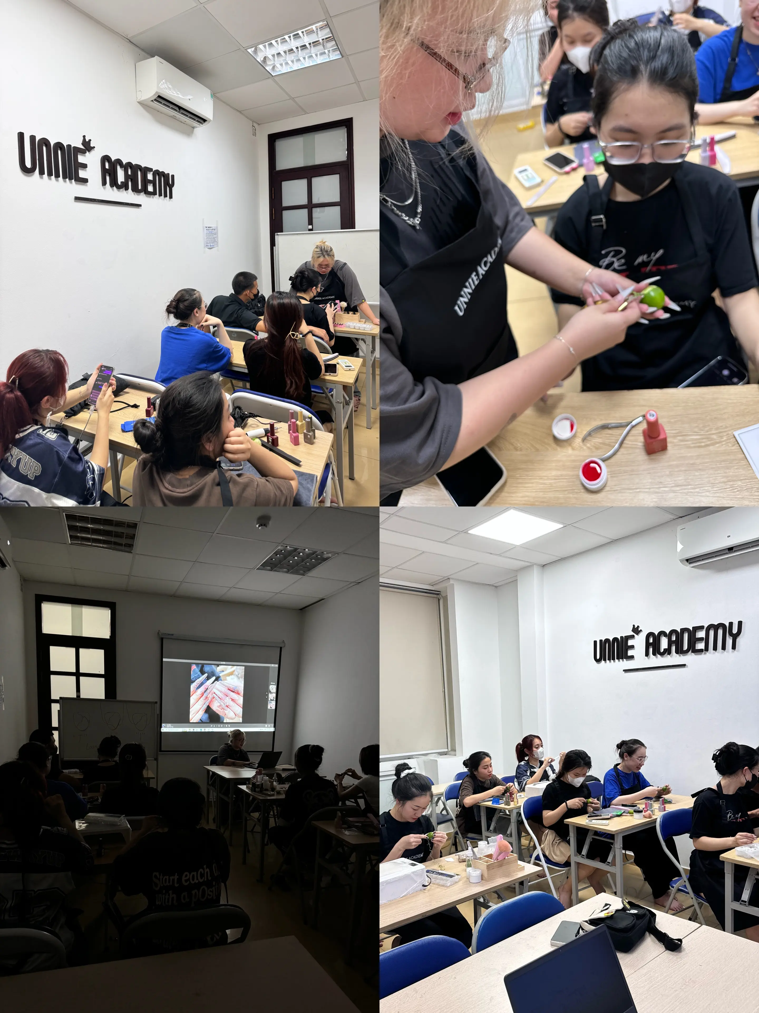 Lớp học Unnie Nails Academy — học viên thực hành tại tiệm