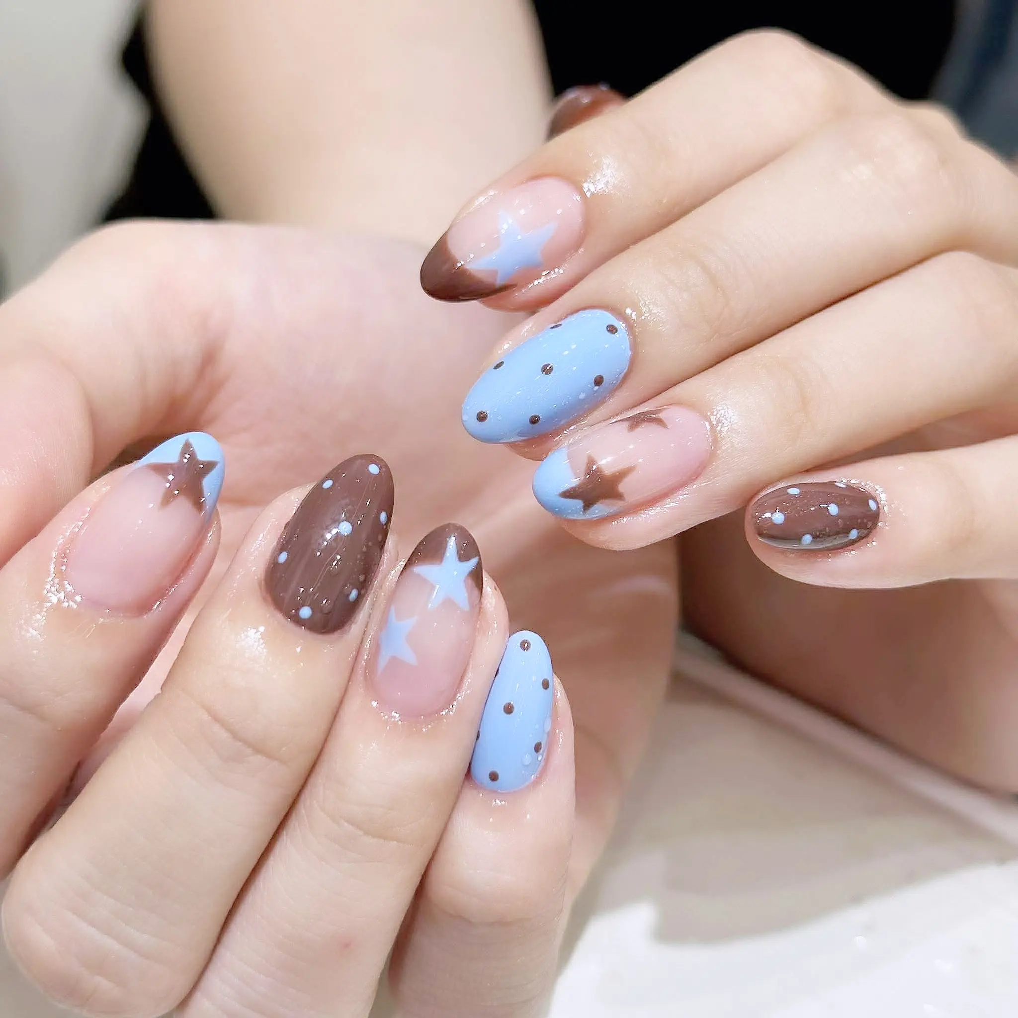 Sao bạc + chấm boho nâu xanh